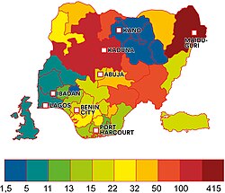 Homicides by Nigerian state per year and per 1 million inhabitants, comparing the UK and Turkey (source: Nigeria Security Tracker 1/2020-6/2023)