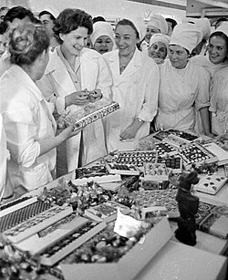 Valentina Tereshkova, the first woman in space, visiting the Lvov confectionery, Ukrainian SSR, 1967