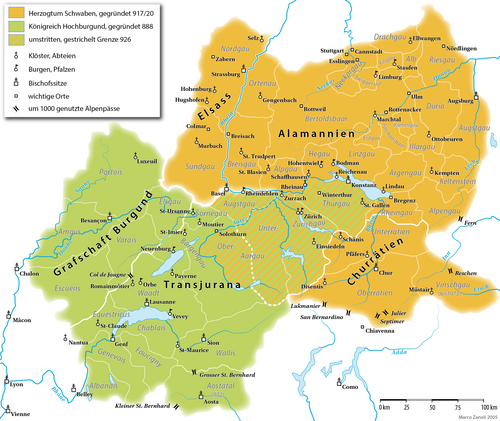 Location of Lake Constance within the Duchy of Swabia (yellow), 911–1268