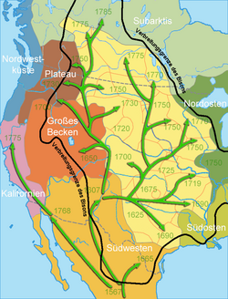 Spread of the horse. The black line defines the distribution of the bison.