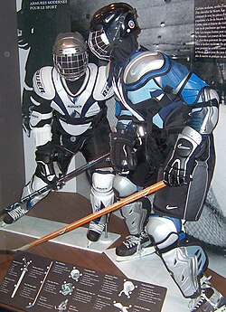 Models with the protective equipment worn by ice hockey skaters, such as a helmet, shoulder pads, elbow pads, gloves, hockey pants, and shin guards.