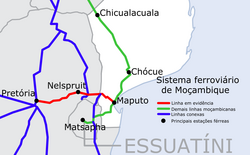 Pretoria–Maputo railway map (red line); railways with junction (in green); other railway routes (in blue).