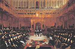 The introduction of a new Member of Parliament, 1858. Wearing hats in the House of Commons has not always been treated in the same way.