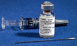 Components of a modern smallpox vaccination kit including the diluent, a vial of Dryvax vaccinia vaccine, and a bifurcated needle