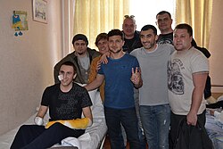 Zelenskyy (centre) with Kvartal 95 visiting wounded Ukrainian soldiers in Odesa in 2016