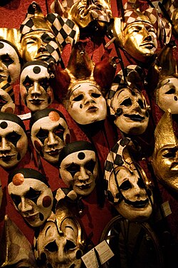 Typical masks worn at the Venice Carnival, which portray the satirical and exaggerated appearances often used