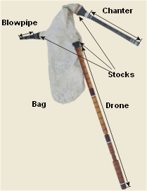 On this Bulgarian/Macedonian gaida, the chanter is the short gray pipe at the top, while the drone is the long three-section pipe.