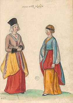 A 16th-century perception of Irish women and girls, illustrated in the manuscript "Théâtre de tous les peuples et nations de la terre avec leurs habits et ornemens divers, tant anciens que modernes, diligemment depeints au naturel". Painted by Lucas d'Heere in the 2nd half of the 16th century. Preserved in the Ghent University Library.[68]