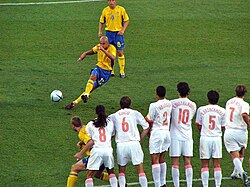 Larsson taking a free kick for Sweden against the Netherlands at Euro 2004