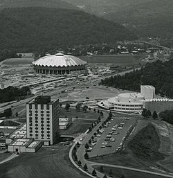 The Engineering Sciences Building, the WVU Coliseum and the Canady Creative Arts Center (left-right) in 1970.
