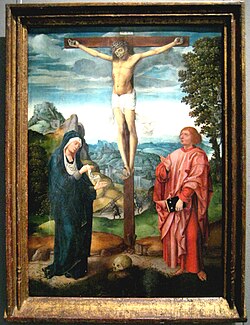 Crucifixion scene with a tau cross, School of Brugge, late 15th or early 16th century