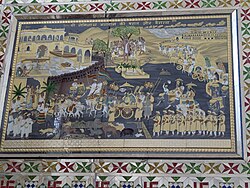 Wedding procession of Neminatha, 22nd Jain tirthankara and his renunciation seeing pain of animals kept for slaughter.[19] Painting in Ranila Jain temple, Haryana