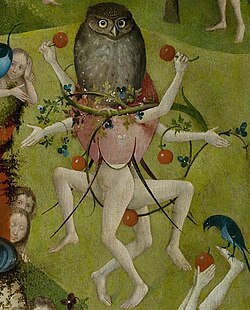 Detail from the center panel showing two cherry-adorned dancing figures who carry a surface on which an owl is perched. In the front right corner, a bird standing on a reclining human's foot is about to eat from a cherry offered to it.