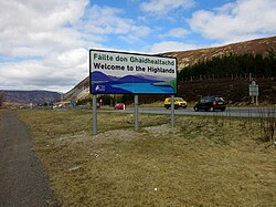 Road sign on the A9 where it enters the Highland council area south of Kingussie