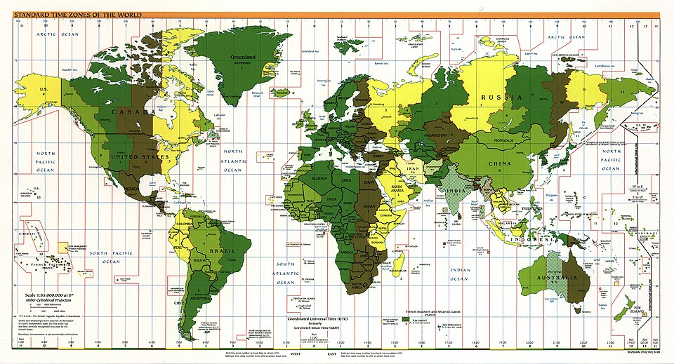 Standard Time Zones Map from 1999; celebrations occurred from right to left.