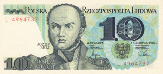 The 10-złoty note, with a picture of Józef Bem, from the third banknote series.