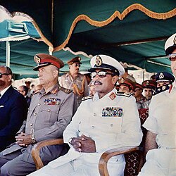 Egyptian President Anwar Sadat and Minister of War Ahmad Ismail Ali attending the re-opening ceremony of Suez Canal after the Yom Kippur war, 1975
