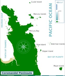 Location of Mercury Bay on the Coromandel Peninsula