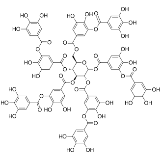 Representative chemical structure of one of many plant-derived polyphenols that comprise tannic acid. Such compounds are formed by esterification of phenylpropanoid-derived gallic acid to a monosaccharide (glucose) core.