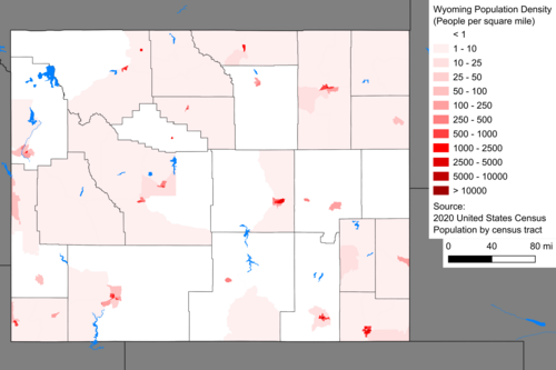 The largest population centers are Cheyenne (southeast) and Casper.