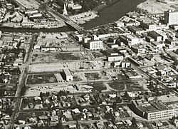 Aerial view of downtown Fairbanks, Alaska in the early 1960s, showing the area cleared in Alaska's first urban renewal project
