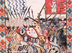 Detail of the Cantiga de Santa Maria No. 181. It depicts a "miracle" during the successful 1261–62 defence of Marrakesh by Almohad ruler Al-Murtada (with help from Christian militias from the Iberian Peninsula depicted in the illustration) from the siege laid on by Marinid ruler Abu Yusuf.[9]