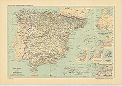 Map of Spain in 1960. Present-day Equatorial Guinea and Western Sahara, as well as the Ifni territory (Morocco), were still part of Spain.