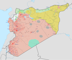Military situation before the opposition offensives in late 2024.Territories held by Tahrir al-Sham (white) and the Assad regime (red).