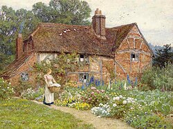 Helen Allingham watercolor showing elite peonies and modern delphiniums in an idealised cottage garden, 1909