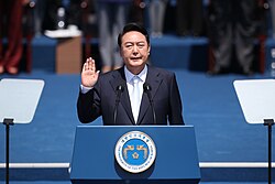 Yoon takes the presidential oath of office outside the National Assembly, 10 May 2022.