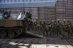 Japanese marines from the Amphibious Rapid Deployment Brigade preparing to deploy from USS Ashland