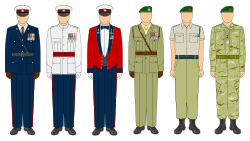 Selection of current Royal Marines officer uniforms; left to right: No.1A "Blues", No.1AW Tropical Dress, No.2A "Mess Dress", No.1B "Parade Lovats", No.3A "Half Lovats", No.3B General Duty Dress.