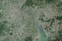 A satellite image of the Pearl River Delta area in China