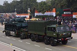Centurion tank of Poona Horse (on tank transporter) during the Republic Day Parade, 2022. This parade showcased equipment used during the 1971 Indo-Pakistan war, on its 50th anniversary, which lead to the formation of Bangladesh.