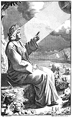 Lucretius pointing to the casus, the downward movement of the atoms. In his work De rerum natura, Lucretius stated that everything consists of material substance moving in infinity.