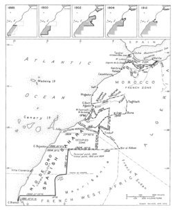 Spanish territorial boundary changes in Northwest Africa per the treaties of 1885, 1900, 1902, 1904, and 1912.