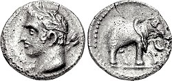 A Carthaginian quarter shekel, perhaps minted in Spain. The obverse may depict Hannibal with the traits of a young Melqart. The reverse features a war elephant, which were included in Hannibal's army during the Second Punic War.[73]