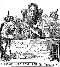 Cartoon depicting Leopold II sharing the Congo