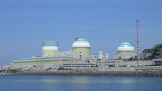 The Ikata Nuclear Power Plant, a pressurized water reactor that cools by using a secondary coolant heat exchanger with a large body of water, an alternative cooling approach to large cooling towers