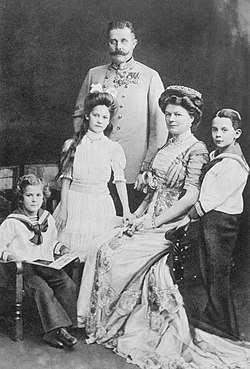 Archduke Franz Ferdinand with his wife Sophie, Duchess of Hohenberg, and their three children (from left), Prince Ernst von Hohenberg, Princess Sophie, and Maximilian, Duke of Hohenberg, in 1910