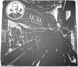 Artist's conception of Hennessy's murder. "Scene of the Assassination", The Mascot, New Orleans, 1890.