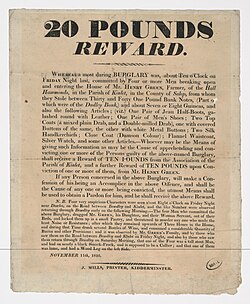 £20 reward offered for information in Kidderminster house burglary, 1816