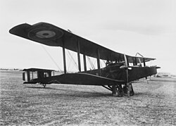 A side view of the Handley–Page 0/400 of No. 1 Squadron, Australian Flying Corps frequently piloted by Captain Ross Macpherson Smith