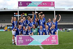Everton celebrate winning the FA WSL 2 Spring Series in 2017