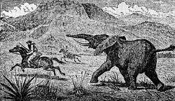 Explorer and big game hunter Samuel Baker chased by an elephant, illustration from 1890