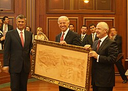 The prime minister of Kosovo, Hashim Thaçi, then-U.S. Vice President Joe Biden , and the president of Kosovo, Fatmir Sejdiu, with the Declaration of Independence of Kosovo