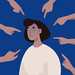 A vector image with a blue background and a sad, shadowed woman with hands pointing to her from all sides.