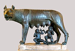 Capitoline Wolf, a sculpture of the mythical she-wolf suckling the infant twins Romulus and Remus