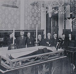Body of Brazilian president Afonso Pena lying in state in his casket in the Catete Palace, 1909