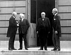 "The Big Four" made all the major decisions at the Paris Peace Conference (from left to right, Lloyd George, Vittorio Emanuele Orlando of Italy, Georges Clemenceau of France, Woodrow Wilson of the US)